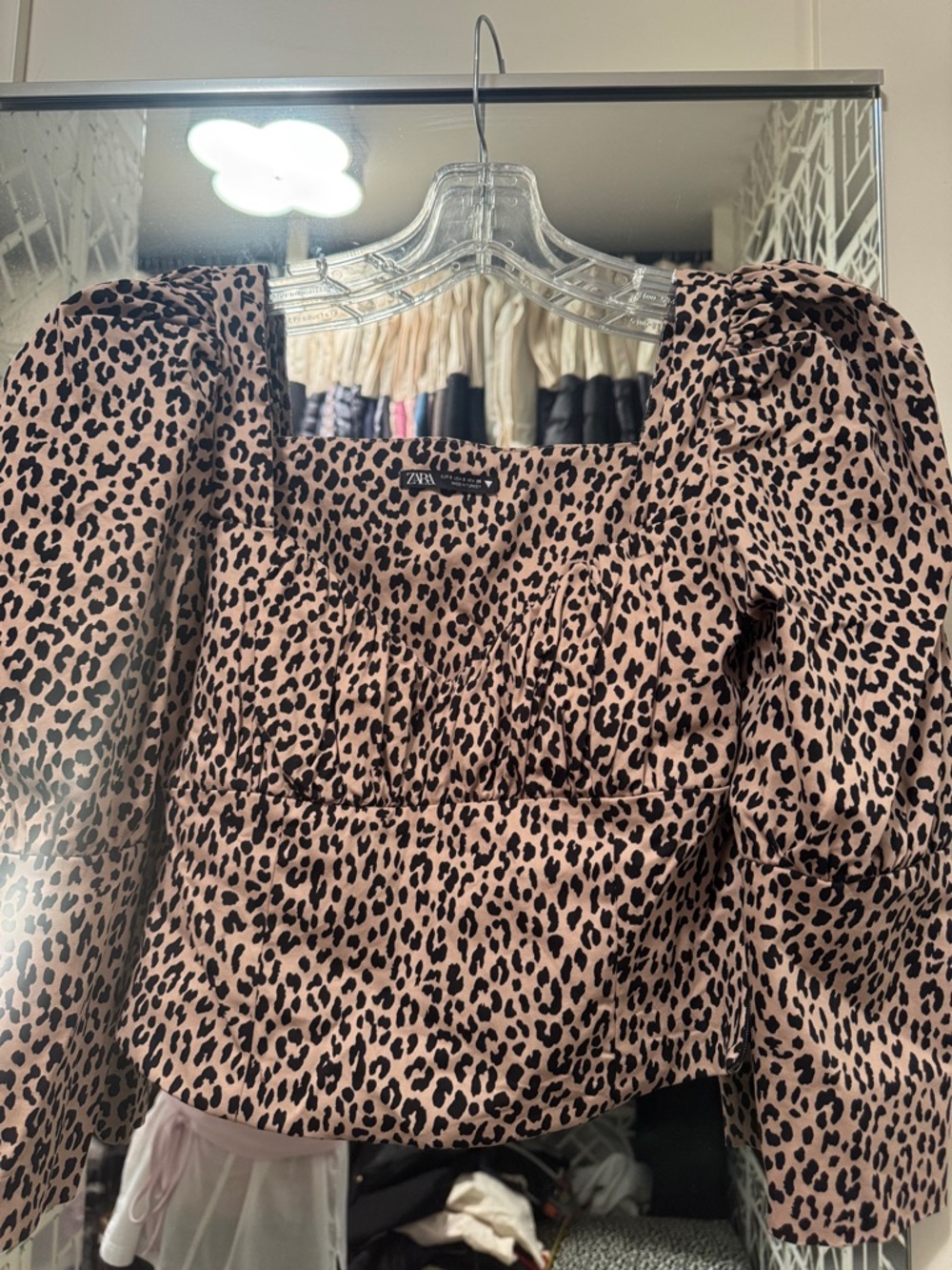 ZARA PLeopard Print Square-Neck Puff Sleeve Top
